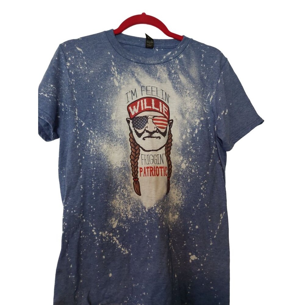 Willie Nelson Patriotic Splatter Tee Shirt Womens M Anvil Lightweight Blend Blue